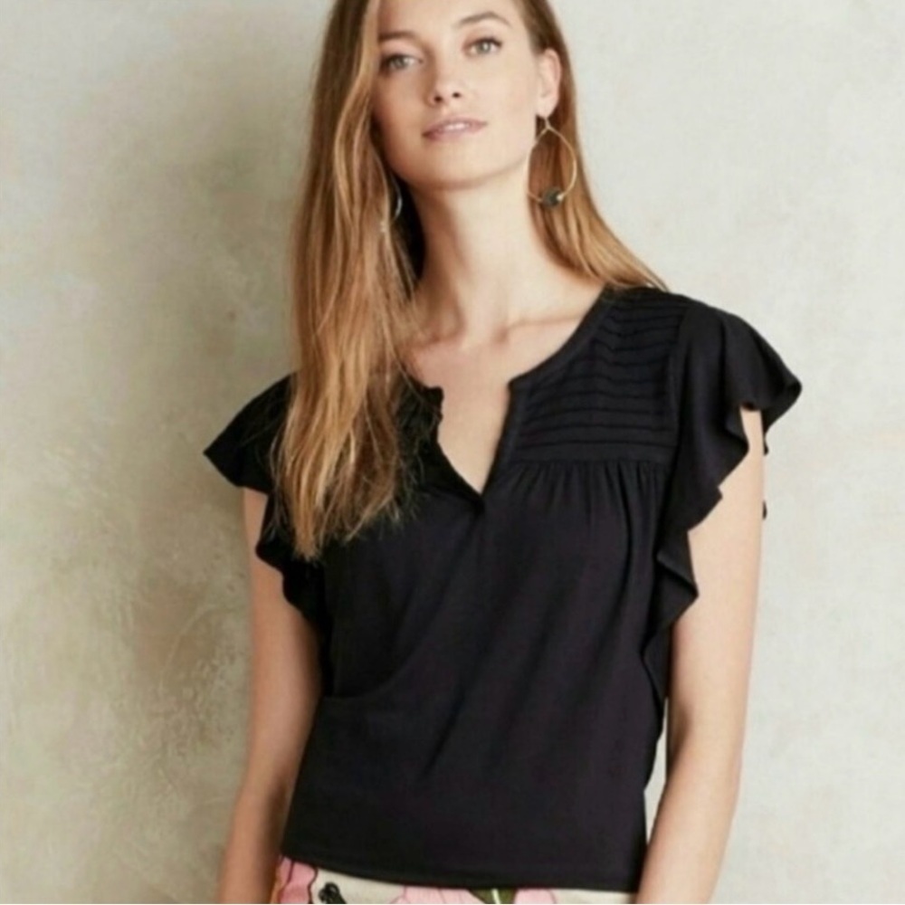 Anthropologie Meadow Rue Black Flutter Sleeve Split Neck Blouse size XS